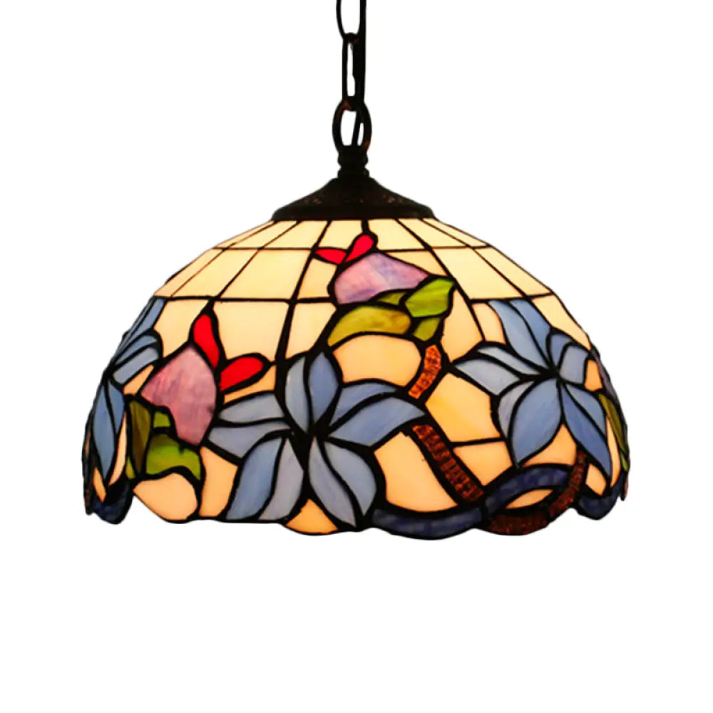 Mediterranean Black Blossom Down Lighting Pendant Light With Colorful Stained Glass - 1 Blue