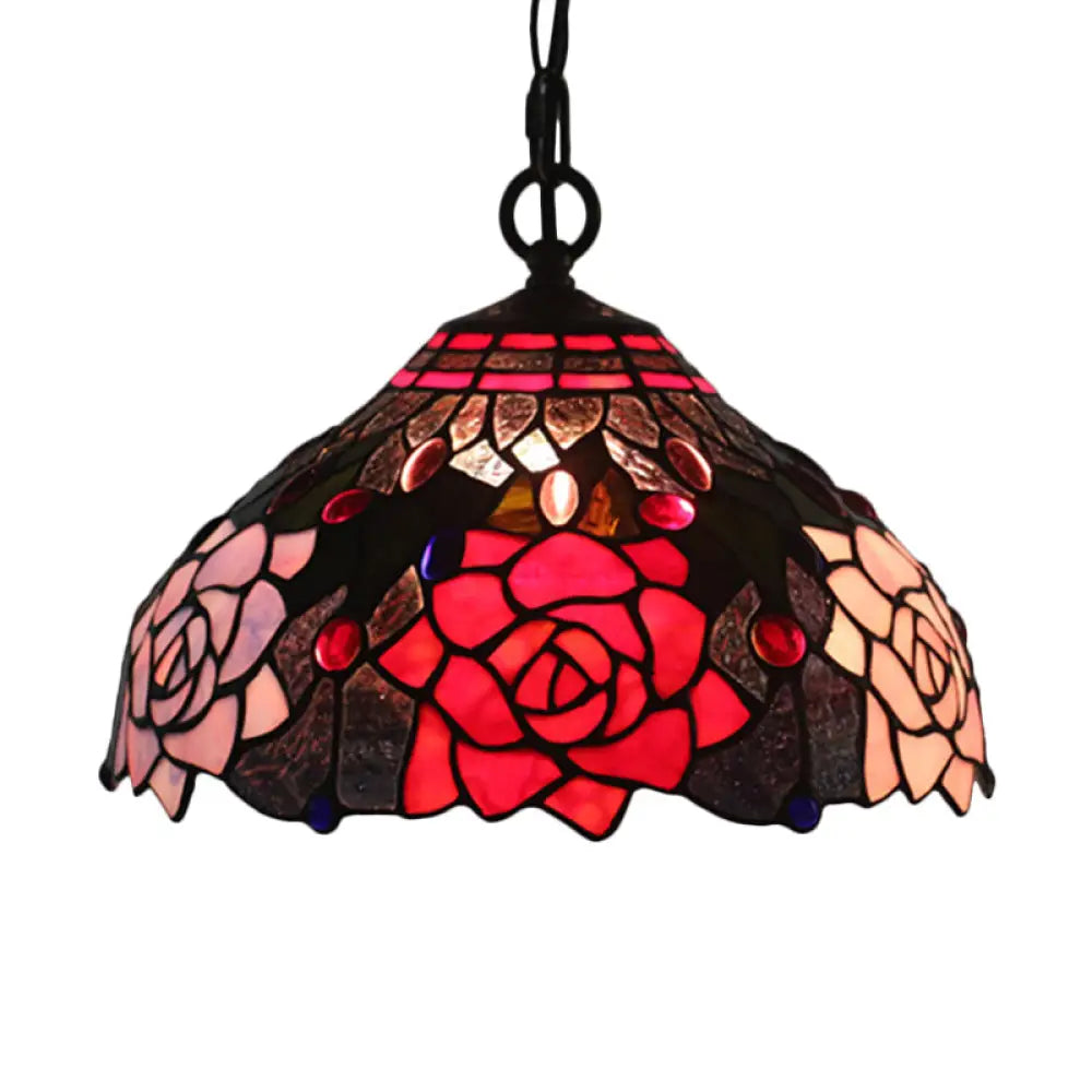 Mediterranean Black Blossom Down Lighting Pendant Light With Colorful Stained Glass - 1 Red