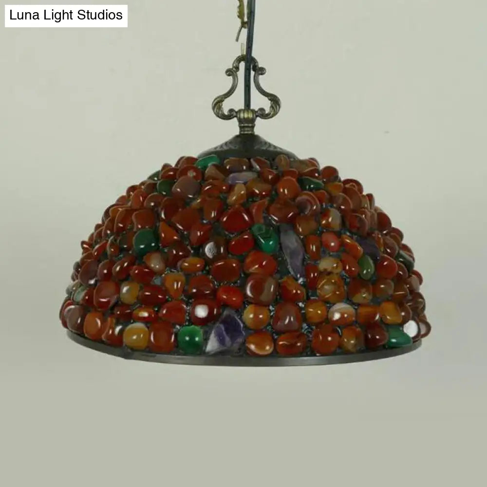 Mediterranean Black Stone Suspension Pendant - Sleek Dome Hanging Light With 1-Light Fixture
