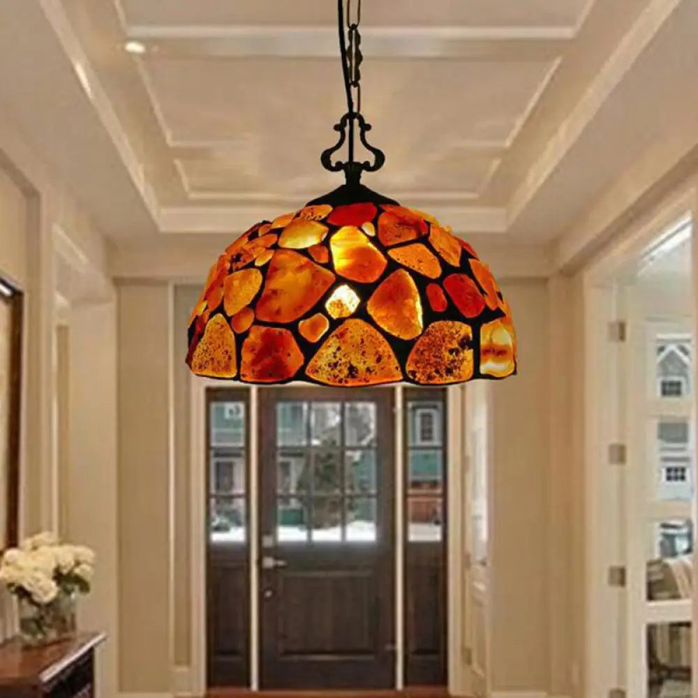 Mediterranean Black Stone Suspension Pendant - Sleek Dome Hanging Light With 1-Light Fixture