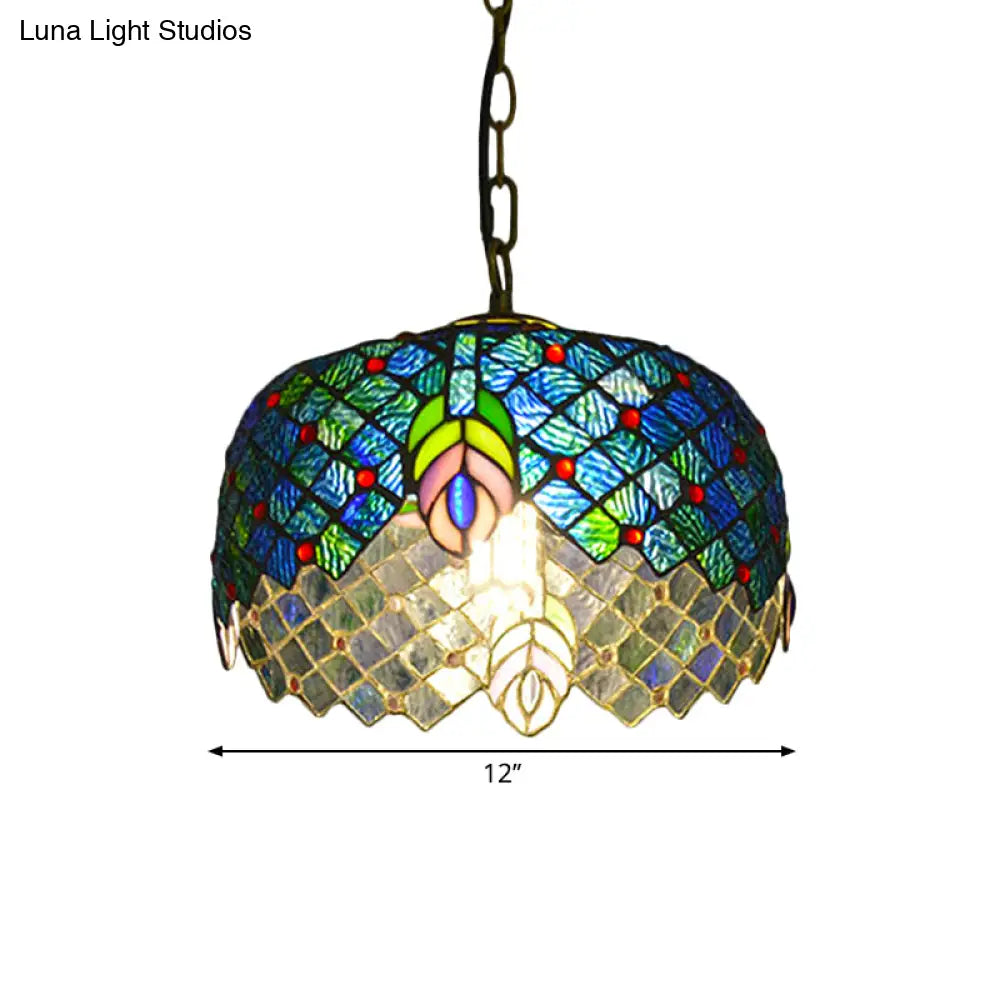 Mediterranean Blue Cut Glass Pendant Light Kit With Peacock Tail Design