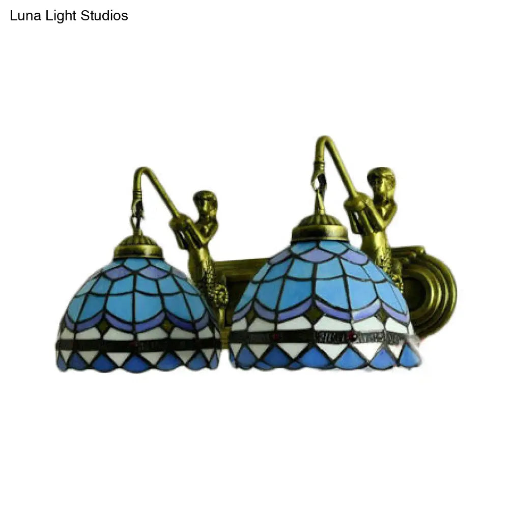 Mediterranean Blue Glass Dome Sconce Light - 2 Heads Antique Bronze Finish Wall Mounted 16/18 Wide