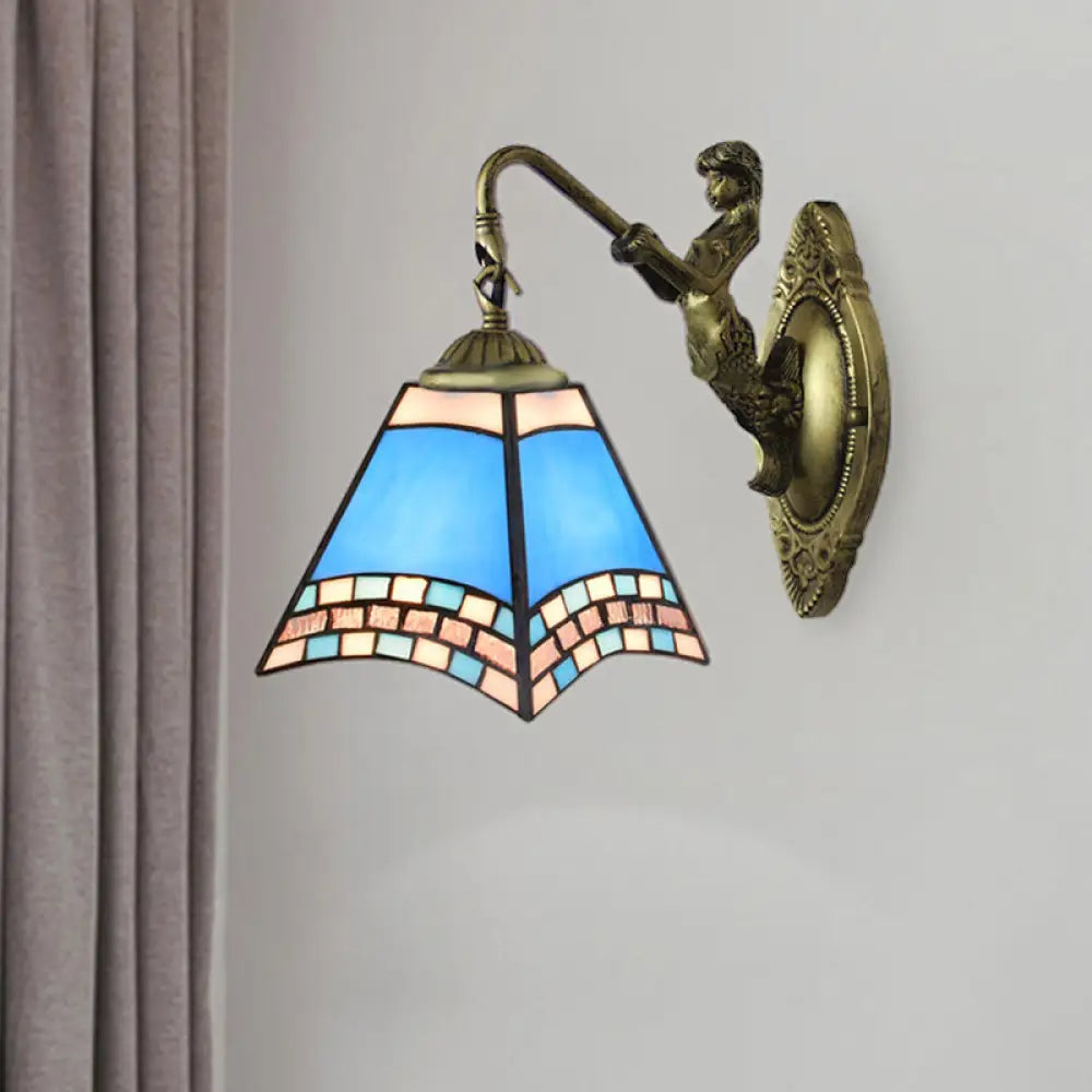 Mediterranean Blue Glass Sconce Light With Mermaid Backplate - Pyramid Wall Fixture