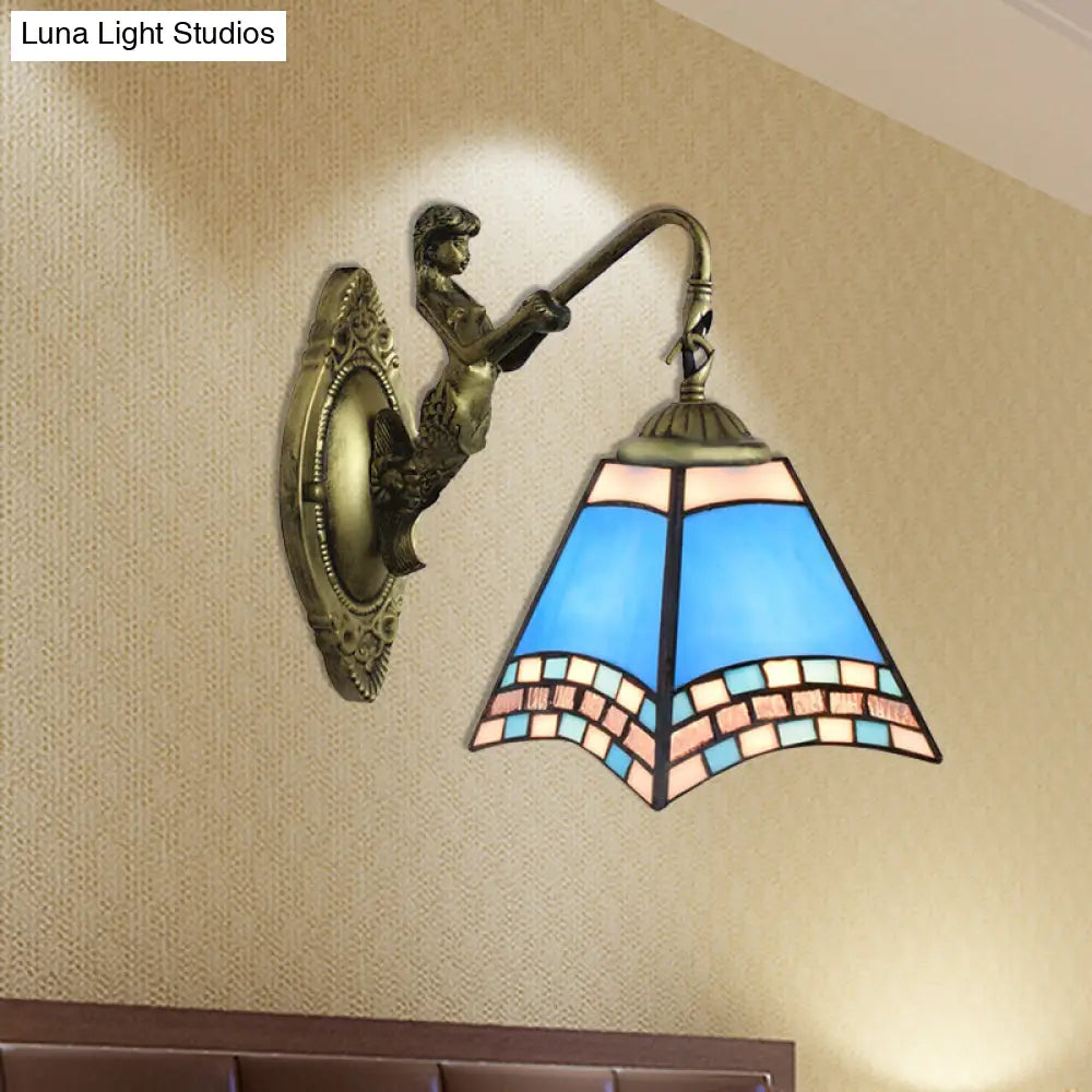 Mediterranean Blue Glass Sconce Light With Mermaid Backplate - Pyramid Wall Fixture