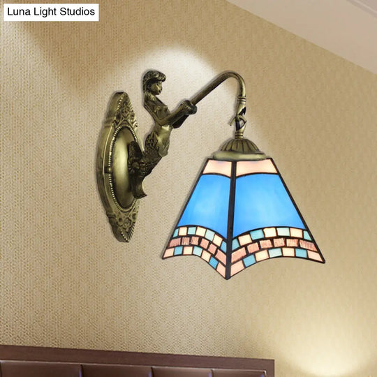 Mediterranean Blue Glass Sconce Light With Mermaid Backplate - Pyramid Wall Fixture