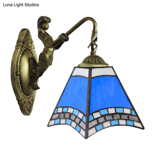 Mediterranean Blue Glass Sconce Light With Mermaid Backplate - Pyramid Wall Fixture