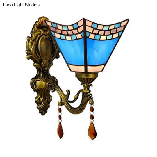 Mediterranean Blue Glass Wall Sconce For Foyer - Mini Lighting With 1 Light