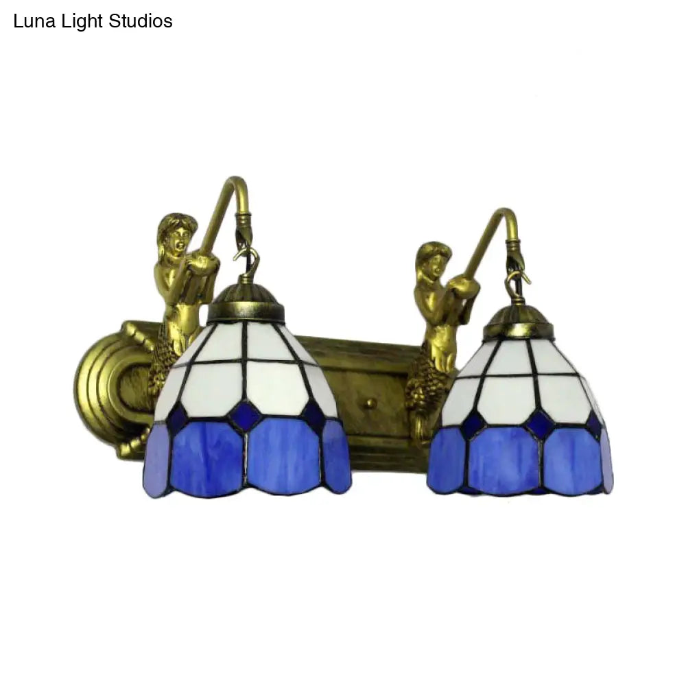 Mediterranean Blue Glass Wall Sconce With Mermaid Backplate And Grid Patterned Shades