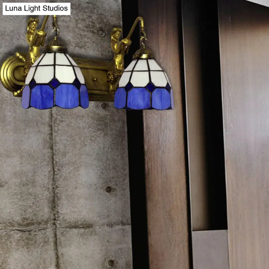 Mediterranean Blue Glass Wall Sconce With Mermaid Backplate And Grid Patterned Shades