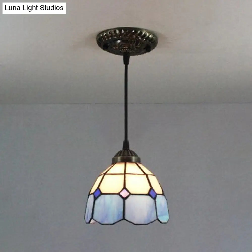 Mediterranean Blue Handcrafted Art Glass Downlight Pendant Lamp With Dome Shape