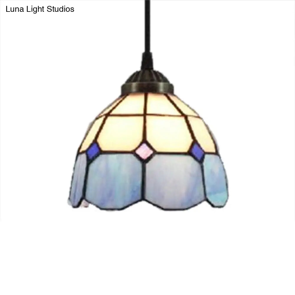 Mediterranean Blue Handcrafted Art Glass Pendant Lamp With Dome Down Lighting