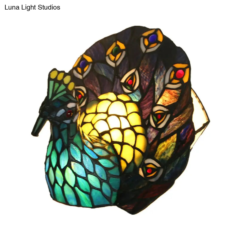 Mediterranean Blue Peacock Art Glass Night Lamp With Stained - Table Lighting