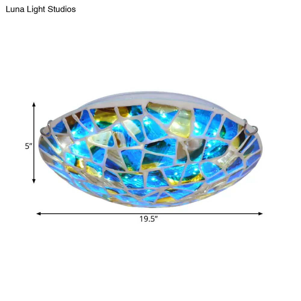 Mediterranean Blue Stained Glass Flushmount Lighting - 2/3/4 Lights Close To Ceiling Lamp For Living