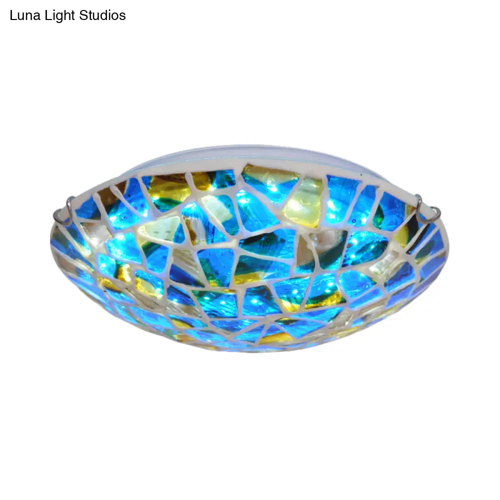 Mediterranean Blue Stained Glass Flushmount Lighting - 2/3/4 Lights Close To Ceiling Lamp For Living