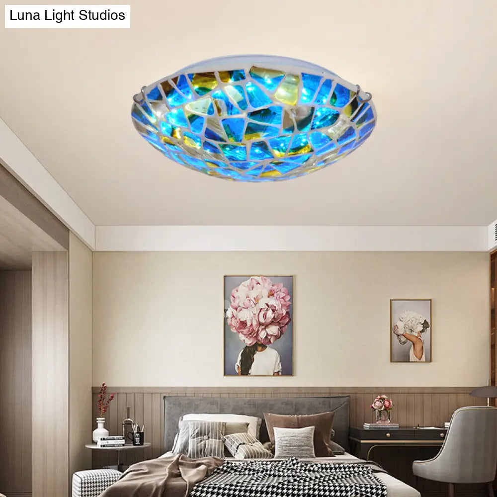 Mediterranean Blue Stained Glass Flushmount Lighting - 2/3/4 Lights Close To Ceiling Lamp For Living