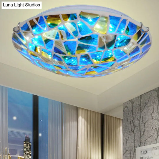 Mediterranean Blue Stained Glass Flushmount Lighting - 2/3/4 Lights Close To Ceiling Lamp For