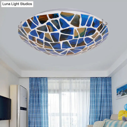 Mediterranean Blue Stained Glass Flushmount Lighting - 2/3/4 Lights Close To Ceiling Lamp For Living