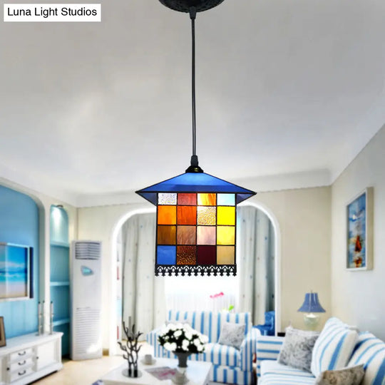 Mediterranean Blue Stained Glass House Pendant Light Fixture / Cord