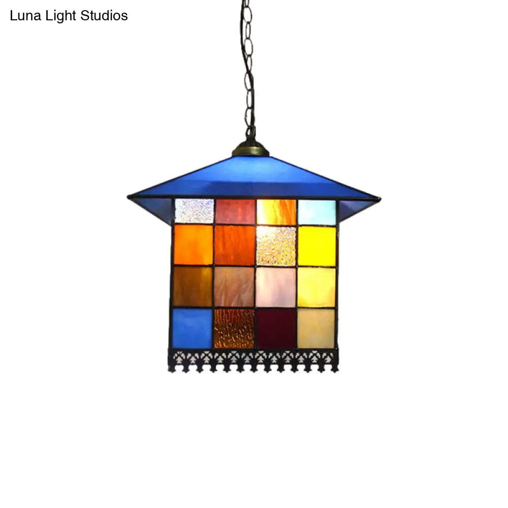 Mediterranean Blue Stained Glass House Shaped Pendant Ceiling Light - 1-Light Suspension Lighting