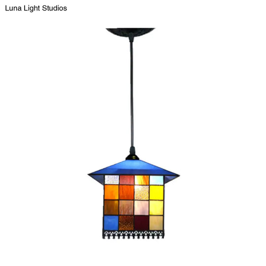 Mediterranean Blue Stained Glass House Pendant Light Fixture