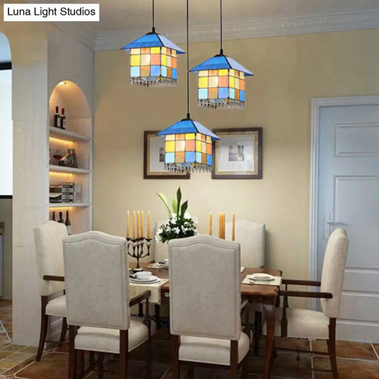 Mediterranean Blue Stained Glass House Pendant Light Fixture