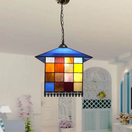 Mediterranean Blue Stained Glass House Shaped Pendant Ceiling Light - 1-Light Suspension Lighting /