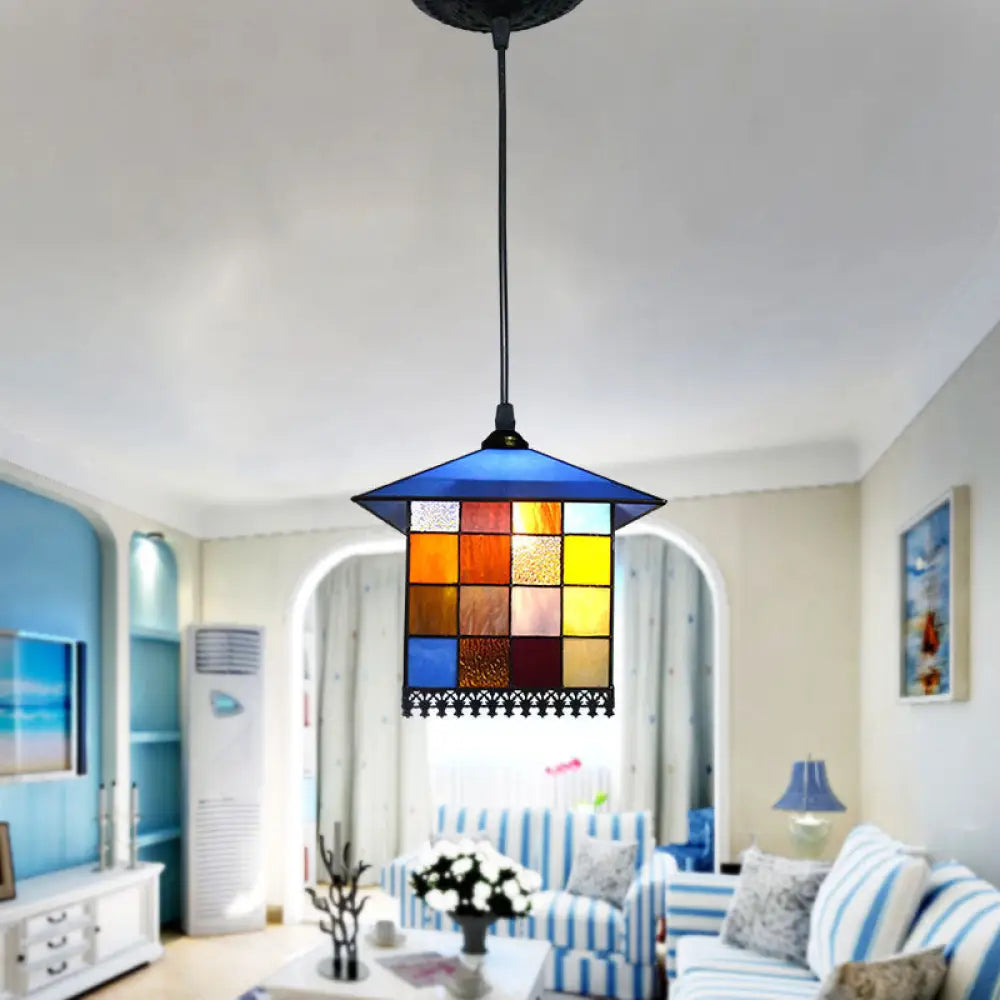 Mediterranean Blue Stained Glass House Shaped Pendant Ceiling Light - 1-Light Suspension Lighting /