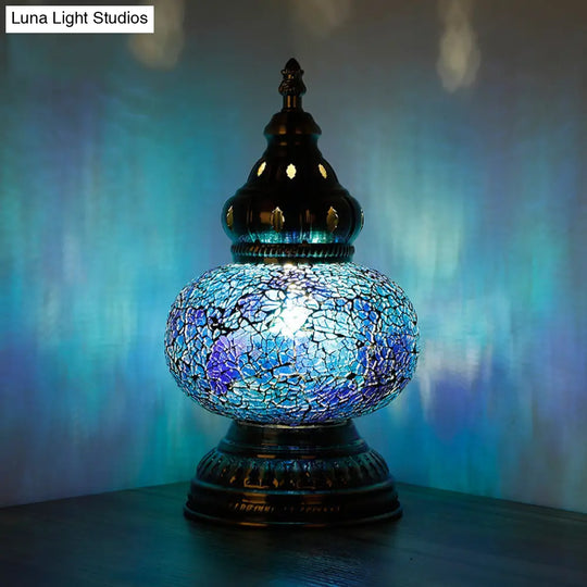 Mediterranean Blue Stained Glass Table Lamp With Tower Shape - Perfect For Bedroom Nightstand