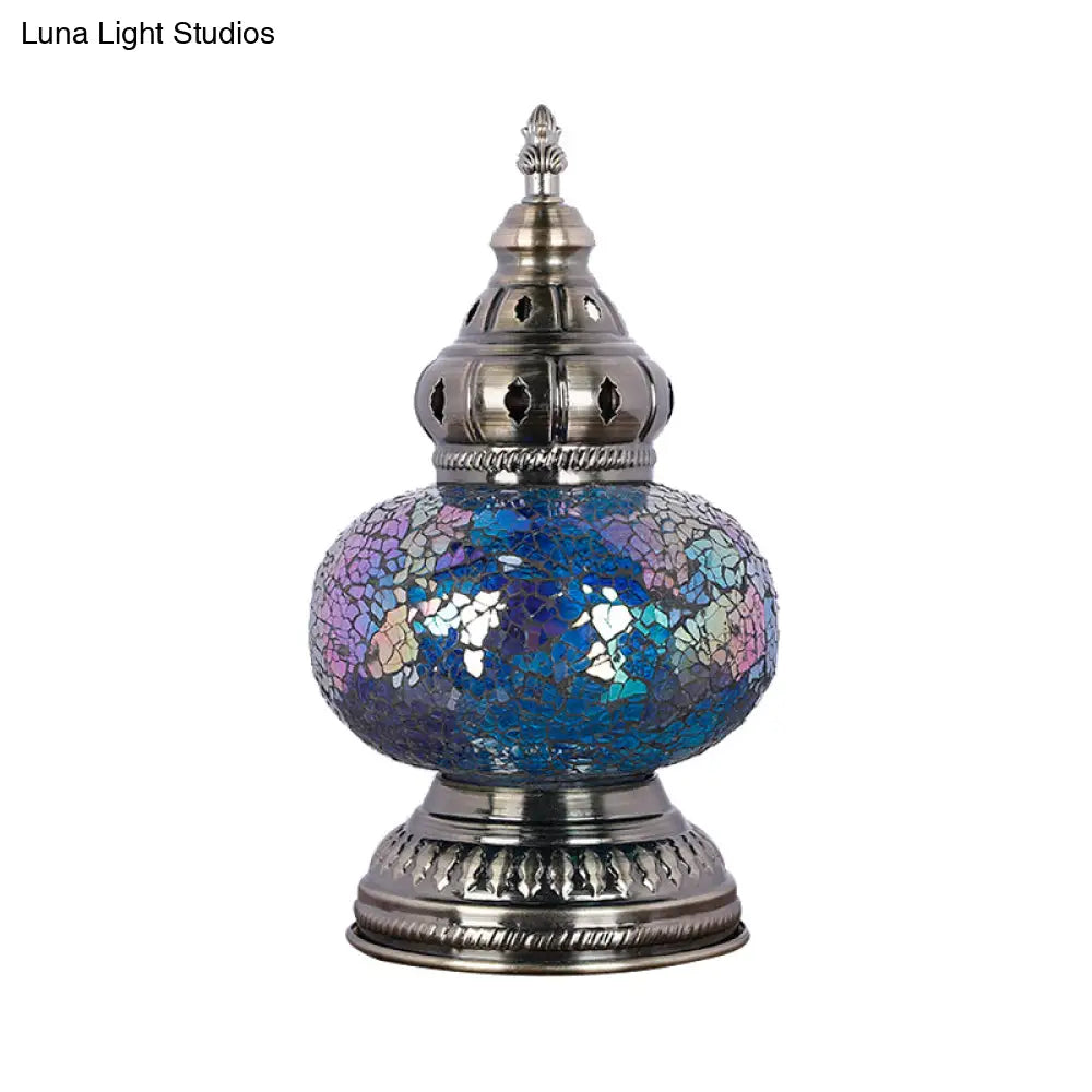 Mediterranean Blue Stained Glass Table Lamp With Tower Shape - Perfect For Bedroom Nightstand