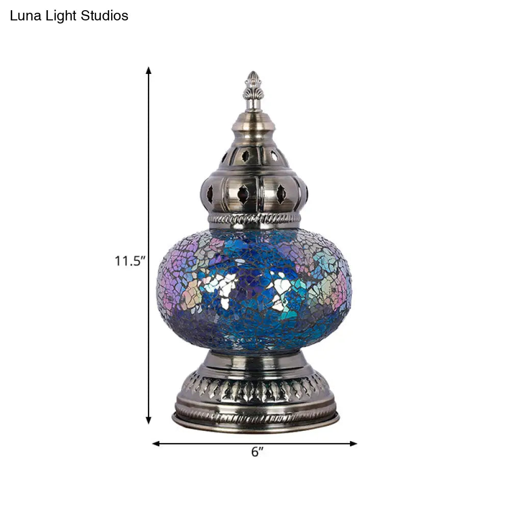 Mediterranean Blue Stained Glass Table Lamp With Tower Shape - Perfect For Bedroom Nightstand