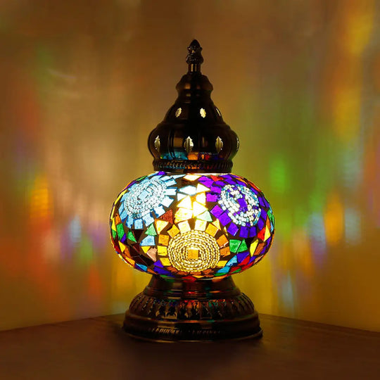 Mediterranean Blue Stained Glass Table Lamp With Tower Shape - Perfect For Bedroom Nightstand