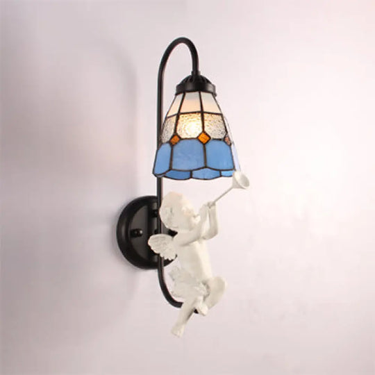 Mediterranean Blue Stained Glass Wall Sconce Light With Decorative Trumpet/Violin/Bird Design /