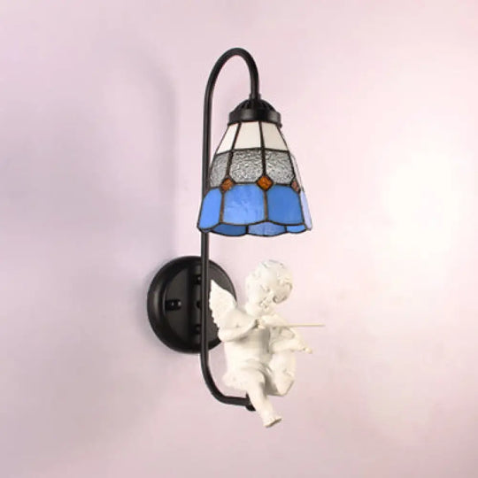 Mediterranean Blue Stained Glass Wall Sconce Light With Decorative Trumpet/Violin/Bird Design /