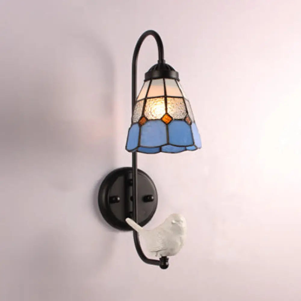 Mediterranean Blue Stained Glass Wall Sconce Light With Decorative Trumpet/Violin/Bird Design / Bird