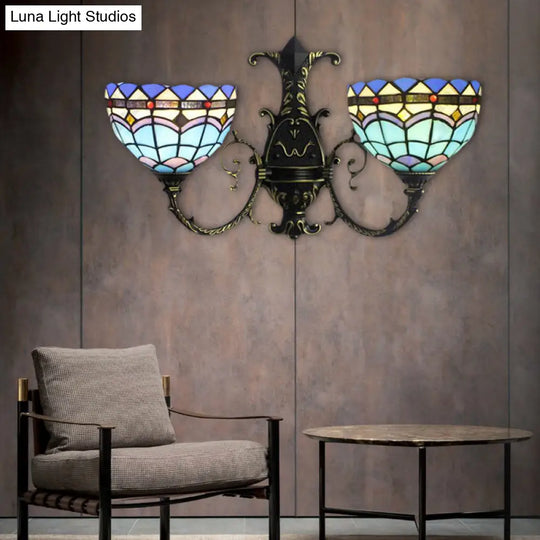 Mediterranean Blue Stained Glass Wall Sconce With Curved Arm - 2 Lights