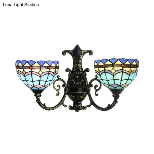 Mediterranean Blue Stained Glass Wall Sconce With Curved Arm - 2 Lights