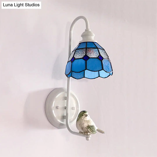 Mediterranean Blue-White Bedroom Wall Light With Stained Glass Shade