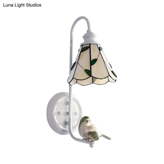 Mediterranean Blue-White Bedroom Wall Light With Stained Glass Shade