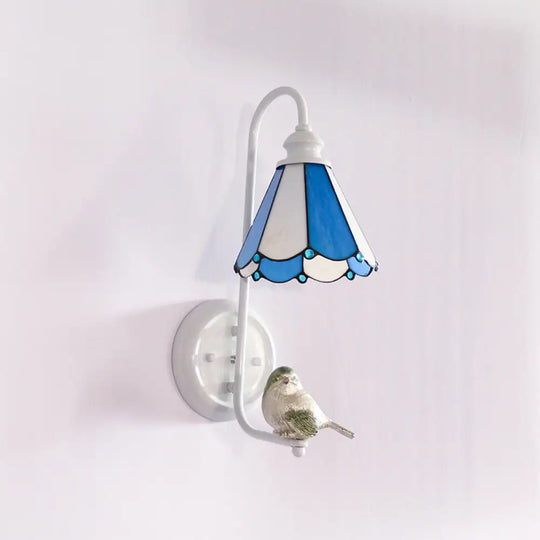 Mediterranean Blue-White Bedroom Wall Light With Stained Glass Shade