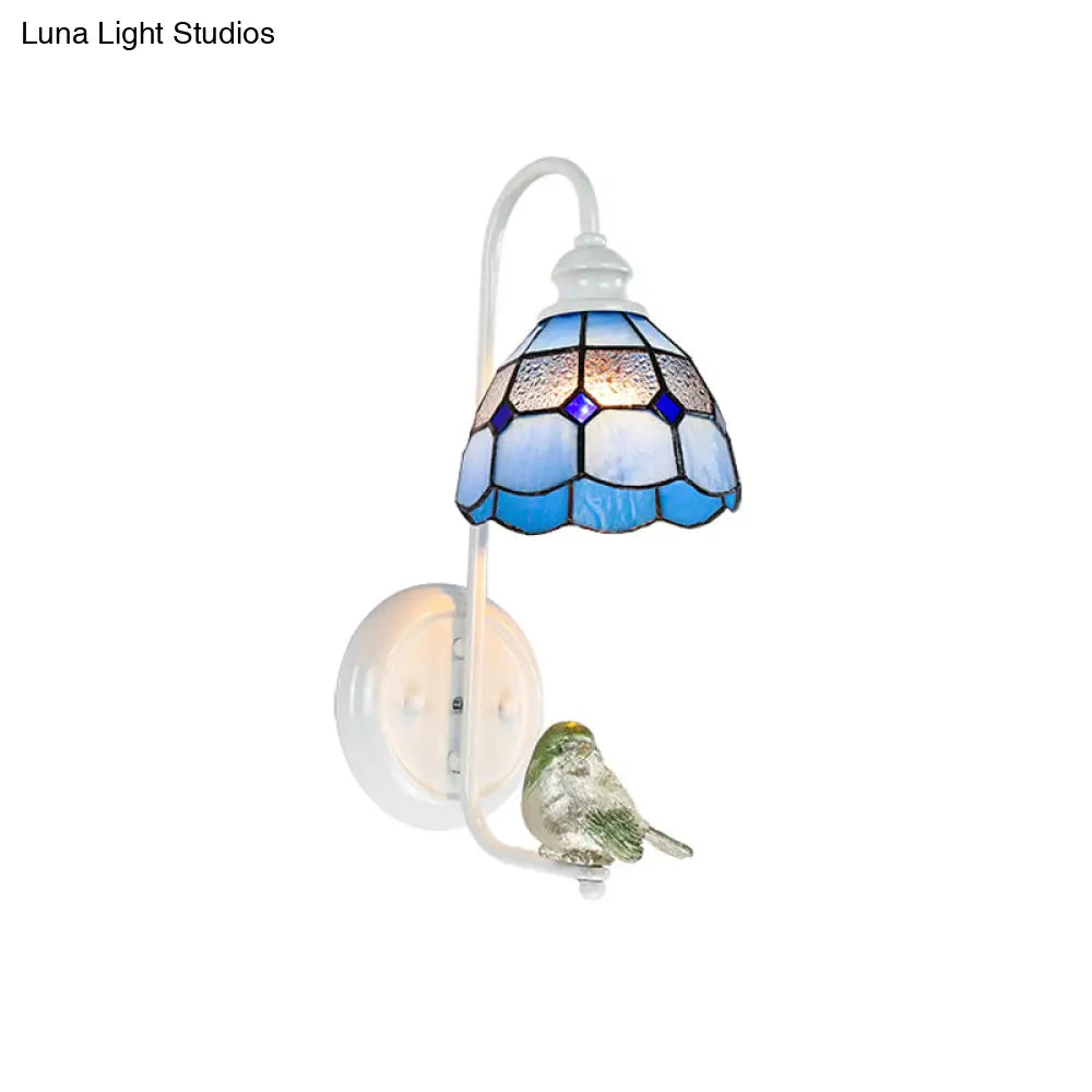 Mediterranean Blue-White Bedroom Wall Light With Stained Glass Shade