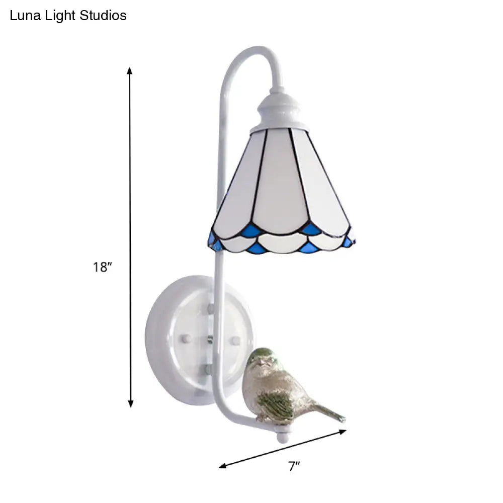 Mediterranean Blue-White Bedroom Wall Light With Stained Glass Shade