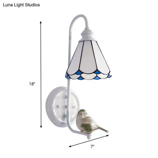 Mediterranean Blue-White Bedroom Wall Light With Stained Glass Shade