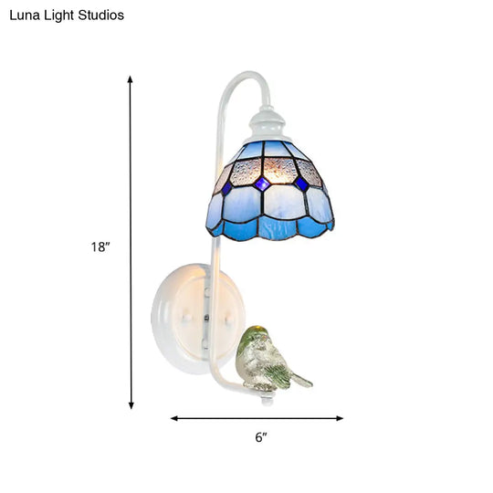 Mediterranean Blue-White Bedroom Wall Light With Stained Glass Shade