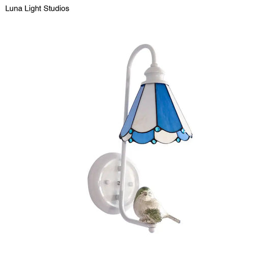 Mediterranean Blue-White Bedroom Wall Light With Stained Glass Shade