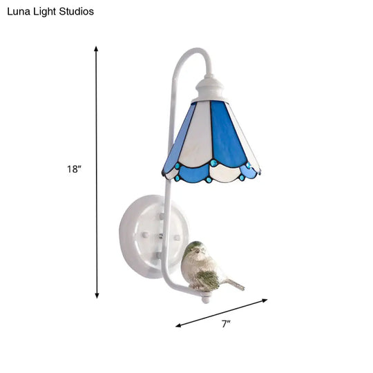 Mediterranean Blue-White Bedroom Wall Light With Stained Glass Shade