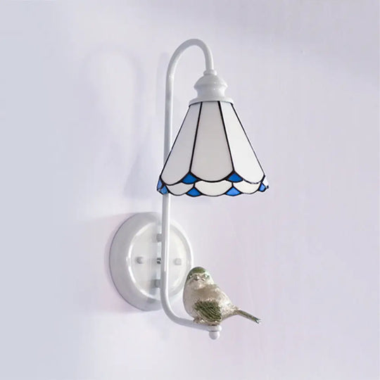 Mediterranean Blue-White Bedroom Wall Light With Stained Glass Shade White