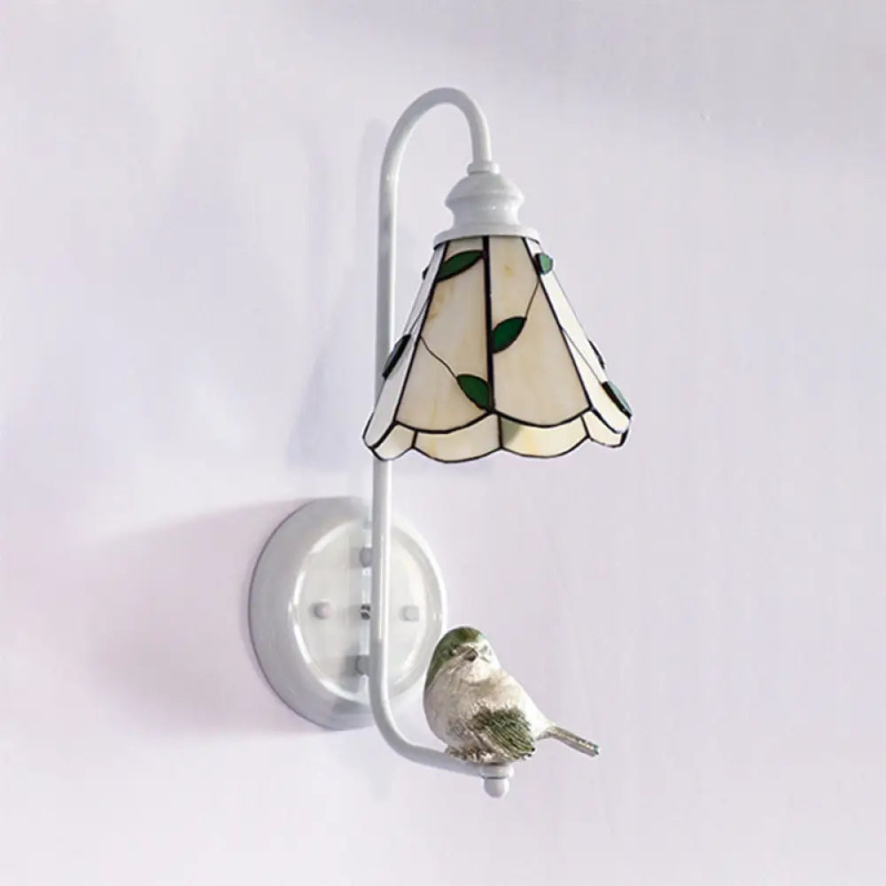 Mediterranean Blue-White Bedroom Wall Light With Stained Glass Shade Beige