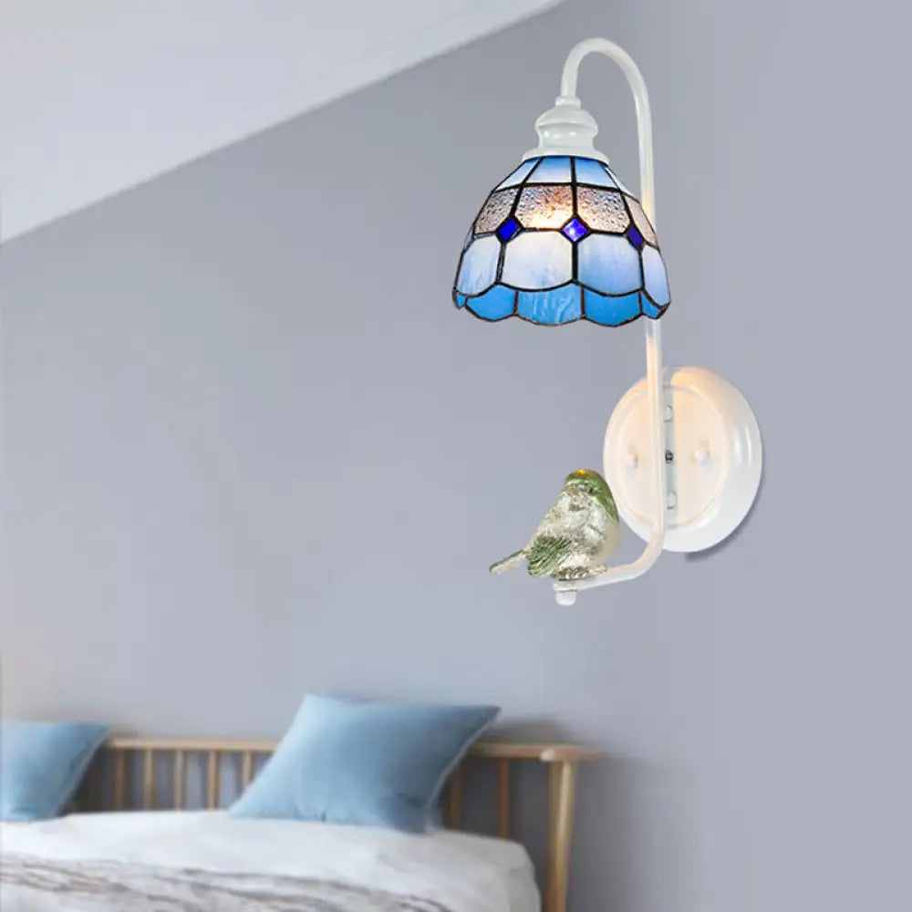 Mediterranean Blue-White Bedroom Wall Light With Stained Glass Shade Blue-Clear