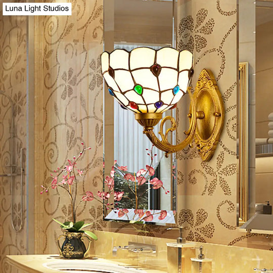 Mediterranean Brass Bathroom Vanity Sconce With Beaded White Glass Shade