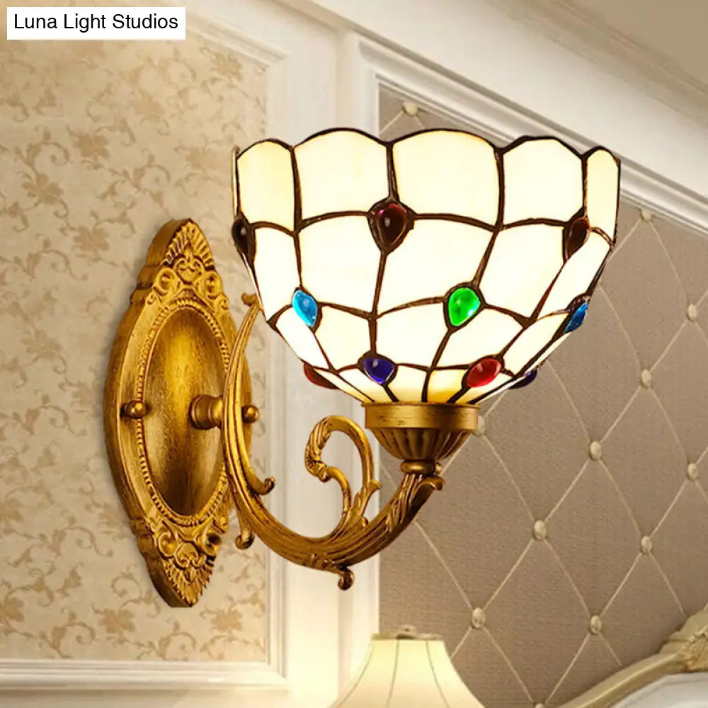 Mediterranean Brass Bathroom Vanity Sconce With Beaded White Glass Shade